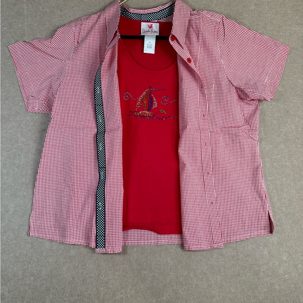 Quacker Factory Red and White Checkered Shirt with sailboat undershirt